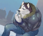 anthro cigarette lighter male smoke smoking solo worried kira_nerisu meltora canid canine canis mammal wolf