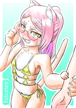 6_breasts anthro bikini bikini_bottom bikini_top blush bodily_fluids breasts camel_toe chest_tuft claws clothing duo ear_tuft eyewear fangs female glasses hair male multi_breast open_mouth pink_hair pink_nose sweat swimwear tail teeth tuft two-piece_swimsuit yellow_eyes hekihou golden_week hitoner miss_tonerico domestic_cat felid feline felis mammal 2026 digital_media_(artwork) hi_res