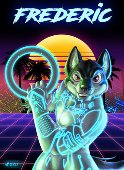 anthro badge glistening glistening_eyes heterochromia looking_at_viewer male pink_eyes retro science_fiction solo synthwave yellow_eyes ironraptor tron canid canine canis domestic_dog husky mammal nordic_sled_dog spitz hi_res