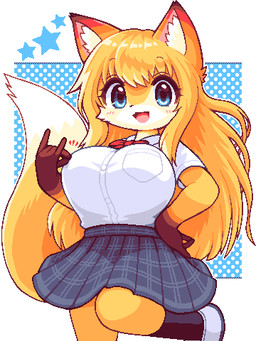 alternative_fashion anthro big_breasts blue_eyes blush blush_lines bottomwear bow_tie breasts clothing collared_shirt dipstick_tail dress_shirt female fur gesture gyaru hair hand_gesture happy inner_ear_fluff j-fashion kemono kogal long_hair looking_at_viewer markings ok_sign one_leg_up orange_body orange_fur orange_hair pattern_bottomwear pattern_clothing pattern_skirt plaid plaid_bottomwear plaid_clothing plaid_skirt pose raised_leg red_bow_tie shirt simple_background skirt solo star tail tail_markings topwear tuft takiune_(pixiv) canid canine fox mammal 2022 3:4 aliasing digital_media_(artwork) low_res portrait three-quarter_portrait