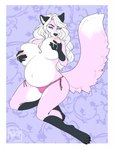 anthro big_breasts blue_eyes bodily_fluids breasts clothed clothing dipstick_tail eyelashes female fur gloves_(marking) hair holding_breast lactating leg_markings long_hair looking_at_viewer markings narrowed_eyes panties pink_body pink_clothing pink_fur pink_panties pink_tail pink_underwear pregnant pregnant_anthro pregnant_female socks_(marking) solo tail tail_markings topless underwear wavy_hair white_body white_fur white_hair white_tail tiggybloom cerine_(vulpinehero) canid canine fox mammal 2019 dated hi_res