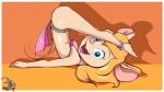 anklet anthro belly_dancer biped blonde_hair blue_eyes border bra breasts clothed clothing feet female hair hindpaw jewelry long_hair looking_at_viewer lying on_back open_mouth paws pink_nose side_boob skimpy smile solo tongue underwear white_border pepipopo chip_'n_dale_rescue_rangers disney gadget_hackwrench mammal mouse murid murine rodent 2015