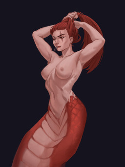 apode black_background breasts female female_humanoid hair hands_above_head legless long_hair mouth_closed narrowed_eyes nipples nude nude_female nude_humanoid pink_body red_body red_eyes red_hair red_scales scales serpentine simple_background solo split_form edvardiko draconcopode humanoid lamia reptile scalie snake absurd_res hi_res portrait three-quarter_portrait