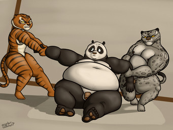 anthro arm_pull balls breasts clenched_teeth eye_contact fangs female fur genitals group looking_at_another male markings medium_breasts moobs mouth_closed navel nipples nude nude_anthro nude_female nude_male obese obese_anthro obese_male overweight overweight_anthro overweight_male penis spots spotted_body spotted_fur striped_body striped_fur stripes teeth trio tug_of_war whiskers oystercatcher7 dreamworks kung_fu_panda master_po_ping master_tigress tai_lung_(kung_fu_panda) bear felid giant_panda mammal pantherine snow_leopard tiger 2024 hi_res signature
