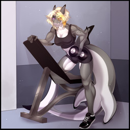 5_fingers anthro athletic athletic_anthro athletic_gynomorph athletic_intersex black_border blonde_hair border breasts bulge clothed clothed_anthro clothed_gynomorph clothed_intersex clothing exercise eyebrows eyelashes fin fingers footwear gynomorph hair intersex looking_at_viewer non-mammal_breasts shoes smile solo standing weightlifting workout bastika veronica_(bastika) aquatic fish shark 1:1 2020 digital_media_(artwork) hi_res