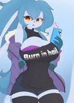 2023 amber_eyes anthro awintermoose big_breasts blue_body blue_hair bottomwear breasts cellphone cleavage_cutout clothed clothing curvy_figure cutout digital_media_(artwork) eeveelution electronics fan_character female generation_4_pokemon glaceon hair hi_res holding_object jacket keyhole_clothing keyhole_turtleneck legwear long_ears long_tail looking_at_viewer nintendo open_mouth phone pokemon pokemon_(species) pokemorph ponytail shorts simple_background snowcone_(awintermoose) solo sweater tail thigh_highs topwear turtleneck