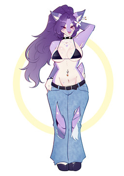 accessory anthro armpit_hair belt body_hair bottomwear bra bracelet breasts clothed clothing collar denim denim_bottomwear denim_clothing eyelashes female flower flower_in_hair front_view hair hair_accessory hand_behind_head hand_on_hip hooves jeans jewelry midriff navel navel_piercing pants piercing plant ponytail pose purple_eyes purple_hair skimpy solo standing studded_bracelet studded_collar studded_jewelry studs tail torn_bottomwear torn_clothing torn_jeans torn_pants under_boob underwear zevulpes heather_(zevulpes) deer mammal 2026 absurd_res hi_res pinup