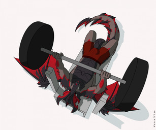 abs anthro bench_press bulge clothed clothing dumbbell exercise horn lifting male pecs simple_background solo spread_wings tail topless topless_anthro topless_male underwear viewed_from_above weightlifting weights wings workout workout_equipment weaselclaw mythology dragon mythological_creature mythological_scalie scalie hi_res