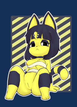 anthro areola areola_slip bandage breast_squish breasts female frown genitals looking_at_viewer mostly_nude pattern_background paws simple_background sitting solo squish striped_background transparent_background vulva wraps ephemilie animal_crossing nintendo ankha_(animal_crossing) domestic_cat felid feline felis mammal alpha_channel hi_res