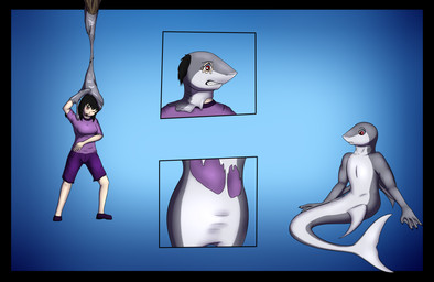 biped black_border black_hair blue_background border bottomwear breasts clenched_teeth clothed clothing countershade_face countershade_neck countershade_tail countershade_torso countershading dorsal_fin female fin four_frame_sequence ftm_transformation fully_clothed gender_transformation gills goo_transformation grey_body hair hairless legless looking_down looking_down_at_self membrane_(anatomy) neck_gills nude one_eye_closed open_mouth red_eyes sharp_teeth shirt shorts simple_background sitting sitting_on_ground snout solo species_transformation split_form standing t-shirt tail teeth topwear transformation transformation_sequence webbed_hands white_body white_countershading tomek1000 ciel_(phoenix) aquatic human mammal merfolk 2015 colored hi_res sequence shaded