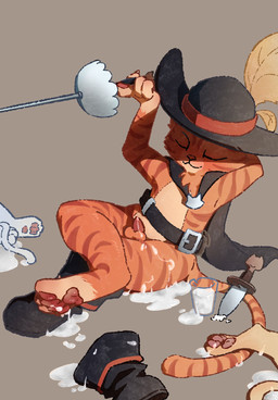 after_orgasm after_sex ambiguous_gender animal_genitalia animal_penis anthro balls belt blade bodily_fluids boots cape clothing container crossed_legs cum cum_in_a_cup cum_in_container cum_on_ground cum_on_self cup dagger eyes_closed faceless_ambiguous faceless_character feline_genitalia feline_penis footwear fur fuzzy genital_fluids genitals glass glass_container glass_cup grey_background group hand_behind_head hat headgear headwear holding_object holding_weapon knife male melee_weapon one_boot_on orange_body orange_fur pawpads penis raised_arm rapier shoes simple_background sitting small_balls small_penis smile solo_focus sword tail trio weapon forestoffizz dreamworks puss_in_boots_(franchise) puss_in_boots_(dreamworks) domestic_cat felid feline felis mammal tabby_cat character_request hi_res