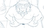 anthro barely_visible_genitalia barely_visible_penis bathroom belly big_belly blush detailed_background genitals humanoid_hands kemono male moobs nipples overweight overweight_male penis small_penis solo oogamikennta felid lion mammal pantherine 16:10 2023 censored widescreen