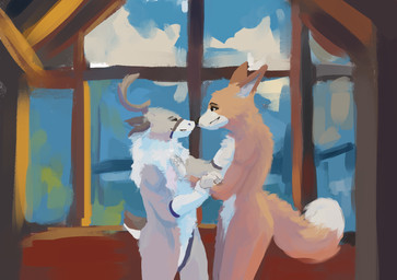 anthro duo hand_on_chest male male/male nose_to_nose sky smile standing stripes dowlgrett canid canine deer mammal painting_(artwork)