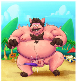 anthro balls beach belly big_belly border cock_and_ball_torture detailed_background duo facial_hair frisbee genital_torture genitals lying male moobs mountain mustache navel nipples outside overweight overweight_male palm_tree penis plant small_penis solo solo_focus standing tree white_border 06betos11 canid canine canis domestic_dog domestic_pig mammal suid suine sus_(pig) 2026 hi_res