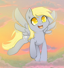 amber_eyes blonde_hair cloud cutie_mark feathered_wings feathers female feral fur grey_body grey_feathers grey_fur hair long_hair looking_at_viewer looking_back open_mouth outside sky smile solo sunset tongue wings yellow_eyes akinyibites friendship_is_magic hasbro my_little_pony mythology derpy_hooves_(mlp) equid equine mammal mythological_creature mythological_equine pegasus
