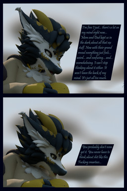 anthro arm_warmers armwear blue_body blue_fur cabin clothing cloud dialogue female fur hoodie lake leg_warmers legwear multicolored_body multicolored_fur shirt sky sunny topwear flailingfornication kobold scalie 2:3 3d_(artwork) absurd_res comic digital_media_(artwork) hi_res sibling_(lore) sister_(lore)