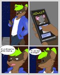 4:5 anthro brown_body brown_fur canid canine canis clothing comic dialogue dragov electronics english_text fur green_hair grey_body grey_fur hair hi_res jacket kingdraws leaning_on_wall male mammal mouse murid murine phone rodent solo text topwear wolf