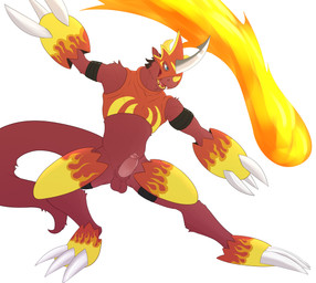 animal_genitalia anthro blue_eyes cosplay erection fire fur genitals horn humanoid_genitalia humanoid_penis hybrid_genitalia hybrid_penis male penis pose red_body red_fur sheath sheathed_humanoid_penis simple_background solo tail matidramon bandai_namco digimon mythology digimon_(species) dragon flamedramon mythological_creature mythological_scalie scalie absurd_res character_request hi_res