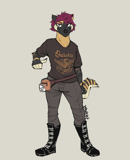 anthro bag biped black_body black_boots black_clothing black_ears black_eyebrows black_eyes black_footwear black_fur black_markings black_nose black_shoes black_stripes black_text boots bottomwear brown_text closed_smile clothed clothed_anthro clothed_female clothing countershade_tail countershading ears_up eyebrow_through_hair eyebrows feet female female_anthro fingers footwear front_view fully_clothed fully_clothed_anthro fully_clothed_female fur gesture grey_background grey_bottomwear grey_clothing grey_pants grey_shirt grey_topwear hair hand_gesture humanoid_hands looking_at_viewer markings monotone_hair mouth_closed multicolored_body multicolored_fur narrowed_eyes pants plantigrade pointing pointing_at_self purple_hair shirt shoes short_hair simple_background smile smiling_at_viewer smirk smirking_at_viewer solo standing striped_markings striped_tail stripes tail tail_markings tan_body tan_fur tan_markings tan_stripes text text_on_clothing text_on_shirt text_on_topwear topwear translucent translucent_hair white_body white_countershading white_fingers white_fur white_sclera mawkvlt sabaton_(band) spoon_(spoonchomper) gulonine mammal mustelid musteline wolverine artist_name full-length_portrait hi_res portrait
