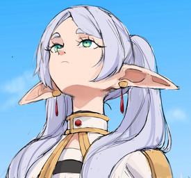 clothing ear_piercing eyebrows eyelashes female green_eyes hair humanoid_pointy_ears light_body light_skin looking_up not_furry piercing pointy_ears sky solo twintails_(hairstyle) white_hair rgsp00n frieren_beyond_journey's_end frieren_looking_up frieren elf humanoid 2025 bust_portrait hi_res meme portrait