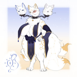 3_heads 3_tails anthro areola areola_slip arm_markings armwear big_breasts big_tail biped black_claws blind_eye blue_areola blue_ears bottomwear breast_curtains breasts bridal_gauntlets burn_scar cheek_tuft claws clothed clothed_anthro clothed_female clothing collar collar_tag constellation constellation_markings cosmic_clothing crescent_(shape) curvy_figure detachable detachable_head diamond_(marking) digitigrade dipstick_tail eye_markings eye_scar eyebrows eyes_closed facial_markings facial_scar facial_tuft female female_anthro finger_claws floating_head fluffy fluffy_tail forehead_markings front_view fur gem gradient_background grey_ears hand_on_hip head_markings huge_breasts inner_ear_fluff leg_markings loincloth looking_at_viewer markings mature_anthro mature_female multi_head multi_tail multicolored_body multicolored_ears multicolored_fur multicolored_tail navel neck_tuft nipples pelvic_curtain sash scar simple_background skimpy sleeping smile snout snout_scar solo sound_effects standing star tail tail_markings thick_tail thick_thighs toe_claws translucent translucent_armwear translucent_bottomwear translucent_clothing translucent_topwear tuft two_tone_body two_tone_ears two_tone_fur two_tone_tail voluptuous vowelless vowelless_sound_effect white_body white_ears white_eyebrows white_fur white_inner_ear white_inner_ear_fluff white_nose white_tail yellow_body yellow_ears yellow_eyes yellow_fur yellow_tail yellow_tail_tip zzz bunbury european_mythology greek_mythology mythology canid canid_demon canine canis cerberus demon hellhound mammal mythological_canine mythological_creature wolf 1:1 2026 colored full-length_portrait hi_res portrait