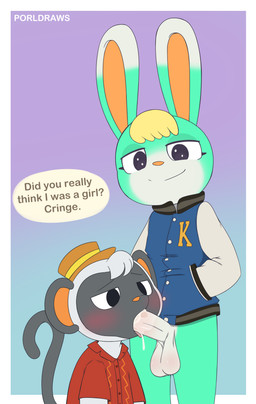 anthro anthro_on_anthro anthro_penetrated anthro_penetrating anthro_penetrating_anthro balls blush bodily_fluids bottomless bottomless_male clothed clothing cum cum_drip cum_inside dialogue dripping duo erection fellatio femboy gender_confusion genital_fluids genitals humanoid_genitalia humanoid_penis interspecies jacket long_ears looking_at_viewer male male/male male_penetrated male_penetrating male_penetrating_male oral oral_penetration orgasm partially_clothed penetration penile penis sex simple_background smile speech_bubble talking_to_viewer text topwear porldraws animal_crossing nintendo niko_(animal_crossing) sasha_(animal_crossing) grey_langur haplorhine lagomorph langur leporid mammal monkey old_world_monkey primate rabbit absurd_res digital_media_(artwork) english_text hi_res signature