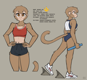 anthro athletic athletic_anthro athletic_female bottomwear brown_body brown_eyes brown_fur butt clothing crop_top female footwear fur shirt shoes shorts simple_background slim sneakers solo sportswear tail text topwear 427deer monika_lee capuchin_monkey cebid haplorhine mammal monkey new_world_monkey primate english_text hi_res model_sheet