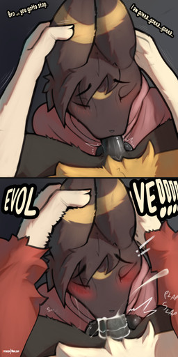 anthro blush bodily_fluids clothing cum duo evolution evolution_(transformation) evolution_through_sex femboy first_person_view genital_fluids genital_growth growth hand_on_ear hoodie male male/male oral penis_growth topwear transformation jarlium nintendo pokemon hoodieon braixen delphox eeveelution generation_2_pokemon generation_6_pokemon pokemon_(species) umbreon absurd_res hi_res