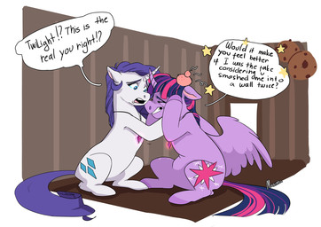 comforting duo feathered_wings feathers female feral fur hair head_bump horn jewelry necklace pendant purple_body purple_fur purple_hair text white_body white_fur wings maxiima friendship_is_magic hasbro my_little_pony mythology rarity_(mlp) twilight_sparkle_(mlp) equid equine mammal mythological_creature mythological_equine unicorn winged_unicorn absurd_res english_text hi_res