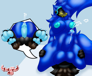 3_toes 4_fingers anthro balls big_balls big_breasts big_feet big_penis blue_body blue_fur blue_hair bodily_fluids breasts butt claws cum cybernetics duo erect_nipples erection facesitting feet fingers fur genital_fluids genitals gynomorph hair hand_on_hip huge_balls huge_penis hyper hyper_balls hyper_genitalia hyper_penis intersex intersex/male long_tail looking_down looking_pleasured machine male nipples nude pawpads paws penile penis protogen_visor sitting_on_another tail toes yellow_eyes sokoyo_owo starry_(sokoyo_owo) canid canine cyborg mammal protogen hi_res