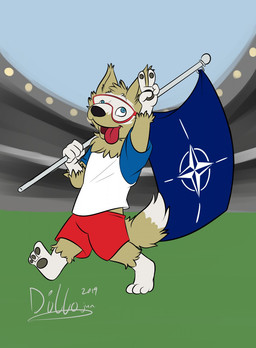 3_toes anthro black_nose blue_eyes bottomwear clothing compass dipstick_tail eyewear feet field flag flag_(object) football_field fur gesture goggles hand_gesture looking_up male male_anthro markings mascot nato_flag open_mouth pawpads paws political_cartoon politics red_bottomwear red_clothing red_shorts russia russian shirt shorts soccer_jersey soccer_uniform solo sport sportswear stadium tail tail_markings toes tongue tongue_out topwear uniform v_sign white_body white_clothing white_feet white_fur white_shirt white_topwear armeddillo fifa north_atlantic_treaty_organization zabivaka canid canine canis mammal wolf 2019 hi_res