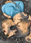 fangs_bared feral growth male muscle_growth rear_view snarling snout snout_growth solo species_transformation text transformation transformation_sequence art-accountant canid canine canis domestic_dog hyena mammal absurd_res english_text hi_res