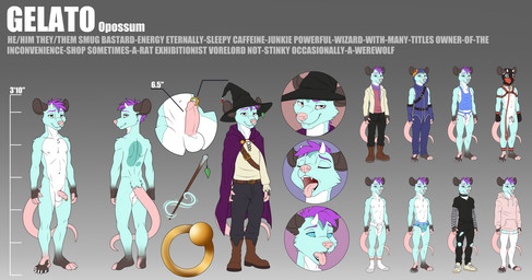 animal_mask anthro balls blue_body blue_fur chastity_cage chastity_device clothing erection fur genital_piercing genitals hair hoodie humanoid_genitalia humanoid_penis hypnotic_eyes leash magic_user male mask penis penis_piercing piercing pink_penis prince_albert_piercing pup_mask purple_hair solo text tongue tongue_out topwear underwear biscuits_(artist) gelato american_opossum mammal marsupial virginia_opossum 2024 english_text hi_res model_sheet