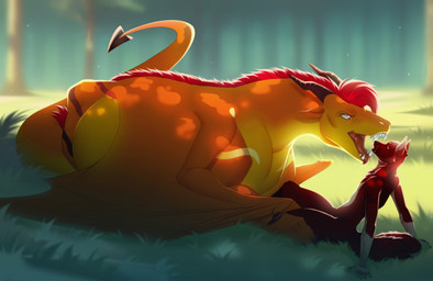 2_horns anthro anthro_prey arm_support belly big_belly duo fangs feral fur hair horn imminent_vore larger_feral larger_pred looking_at_another male membrane_(anatomy) membranous_wings nude open_mouth orange_body outside plant red_body red_fur red_hair sitting size_difference smaller_anthro snout tail teeth tongue tongue_out tree vore wings yellow_body orca24a mythology canid canine dragon mammal mythological_creature mythological_scalie scalie 2023 colored digital_drawing_(artwork) digital_media_(artwork) hi_res shaded