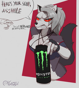 anthro beverage beverage_can clenched_teeth clothing crop_top duo energy_drink female female_anthro fingerless_gloves fur gloves grey_body grey_fur handwear humor looking_at_viewer male occult_symbol pentagram profanity pupils red_sclera shirt slit_pupils symbol talking_to_viewer teeth text topwear white_eyes morgtex hellaverse helluva_boss monster_energy mythology blitzo_(helluva_boss) loona_(helluva_boss) canid canid_demon canine demon hellhound mammal mythological_canine mythological_creature english_text hi_res