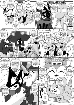 6_panel_comic ambiguous_gender antennae_(anatomy) anthro beak big_butt biped black_tail black_text blood bodily_fluids bow_ribbon butt cheek_spots claws closed_smile clothing dialogue dot_pupils ellipsis exclamation_point eyebrows eyelashes eyes_closed eyewear female feral fur group heart_eyes heart_symbol hug hugging_another jewelry looking_at_another mouth_closed necklace nosebleed open_mouth open_smile pupils question_mark scarf sharp_teeth smile speech_bubble standing sunglasses swimming_trunks swimwear tail talking_to_another teeth text tongue white_body white_fur white_pupils white_sclera heavenlyproductions nintendo pokemon absol dragonite eeveelution generation_1_pokemon generation_2_pokemon generation_3_pokemon generation_4_pokemon generation_6_pokemon generation_9_pokemon greninja meowscarada pichu pokemon_(species) pumpkaboo quaquaval shinx shiny_pokemon sylveon teddiursa 2025 absurd_res comic english_text hi_res monochrome