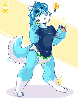 4_fingers 4_toes ambiguous_gender anthro blue_body blue_clothing blue_ears blue_fur blue_hair blue_nose blue_shirt blue_tail blue_topwear blush blush_lines clean_diaper clothed clothing diaper dipstick_ears ear_markings feet fingers fur hair holding_note_pad holding_object holding_pencil leg_markings light_bulb logo looking_up markings multicolored_body multicolored_ears multicolored_fur note_pad pencil_(object) qr_code shirt simple_background smile socks_(marking) solo standing tail three-quarter_view toes topwear two_tone_body two_tone_fur two_tone_tail wearing_diaper white_body white_ear_tips white_fur white_inner_ear white_tail lilchu pagos_volkor canid canine canis mammal wolf 2019 4:5 artist_logo hi_res signature