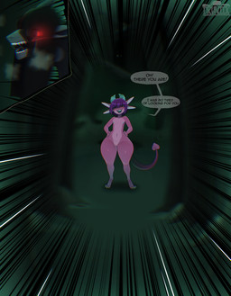 ambiguous_gender anthro breasts female flat_chested forest forest_background genitals horn motion_lines nature nature_background navel nipples non-mammal_breasts non-mammal_navel non-mammal_nipples nude pink_body plant small_breasts solo speech_bubble tail text thick_thighs tree vulva wide_hips drunkrussianman mythology cera_(ceraferis) josha_(drunick) aquatic dragon fish mythological_creature mythological_scalie scalie shark absurd_res english_text hi_res