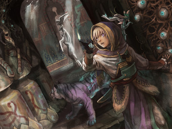 ambiguous_gender dagger dutch_angle fantasy female feral group hood lamp magic male melee_weapon purple_eyes sculpture statue tomb weapon rkroca elf felid humanoid mammal pantherine tiger 4:3 digital_media_(artwork)