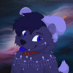 anthro blue_eyes blue_tongue collar cute_fangs detailed_background dipstick_tail fangs fur fur_markings hair inner_ear_fluff male markings multicolored_body multicolored_fur purple_body purple_hair purple_inner_ear purple_inner_ear_fluff purple_nose red_collar solo space tail tail_markings teeth tongue tuft two_tone_body two_tone_fur fluffybean12 canid canine canis domestic_dog mammal 1:1 absurd_res digital_drawing_(artwork) digital_media_(artwork) hi_res signature
