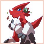 anthro blue_eyes claws duo electronics gesture hand_gesture headphones male red_body short_stack simple_background smile thumbs_up white_background zigzag_teeth konokaijuda_(artist) bandai_namco digimon digimon_(species) scalie shoutmon 1:1 absurd_res hi_res