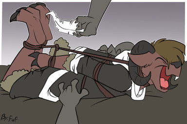 2_horns anthro biped black_clothing black_nose bound bovid_horn brown_body brown_fur caprine_horn clothed clothing disembodied_hand eyes_closed feet fur hogtied holding_feather hoof_hands hooves horn lying male on_front open_mouth ram_horn simple_background solo teeth tickle_fetish tickling tickling_feet tickling_sides tongue unguligrade wool_(fur) fuf bovid caprine mammal sheep 2019 3:2