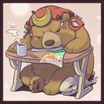 anthro belly beverage biped brown_body brown_fur coffee eyes_closed fur male sitting sleeping slightly_chubby solo henjikotetsu sdorica dagger_(sdorica_sunset) bear mammal 1:1 2019 hi_res