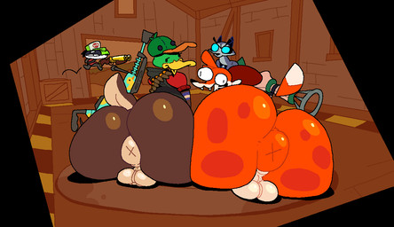 anthro anus backsack balls beak big_butt black_body black_clothing black_ears black_eyes black_fur black_hat black_headwear black_nose black_topwear black_vest blue_eyes box brown_body brown_ears brown_feathers brown_tail brown_tail_feathers butt clothing container cross-eyed feathers fur genitals green_body green_clothing green_feathers green_hat green_headwear grey_body grey_fur group gun hair half-closed_eyes hat headgear headwear huge_butt inside looking_at_viewer looking_back male multicolored_body multicolored_feathers multicolored_fur multicolored_hat narrowed_eyes orange_body orange_clothing orange_fur orange_hair orange_hat orange_headwear orange_tail presenting presenting_hindquarters puffy_anus ranged_weapon rear_view red_clothing red_hat red_headwear red_shirt red_topwear shirt shotgun sitting tail tail_feathers tan_hat tan_headwear topwear two_tone_body two_tone_feathers two_tone_fur two_tone_tail vest weapon white_body white_fur white_tail x_anus yellow_beak superiorfox team_fortress_2 valve heavy_(team_fortress_2) scout_(team_fortress_2) soups_(superiorfox) anatid anseriform avian bird canid canine duck fox mammal procyonid raccoon 2025 digital_media_(artwork)