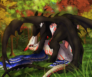 anus back_spikes big_wings black_body black_horn black_spikes blue_wings claws detailed_background digitigrade duo erection facing_each_other feathered_wings feathers female feral feral_on_feral feral_penetrated feral_penetrating feral_penetrating_feral forest forest_background from_front_position genitals grass hand_on_neck horn legs_up long_tail looking_at_another looking_at_partner lying male male/female membrane_(anatomy) membranous_wings missionary_position multicolored_body nature nature_background nuzzling on_back on_grass on_ground pawpads paws penetration penile penile_penetration penis penis_in_vagina pink_pawpads plant quadruped raised_paw red_stripes ridged_penis sex spiked_tail spikes spikes_(anatomy) spread_legs spreading stripes tail tree vaginal vaginal_penetration white_body wing_claws wings moonski dreamworks european_mythology how_to_train_your_dragon mythology corvus_(mizat11) danie_(moonski) dragon fury_(httyd) mythological_creature mythological_scalie night_fury scalie western_dragon 2018 6:5 dated digital_media_(artwork) shaded signature