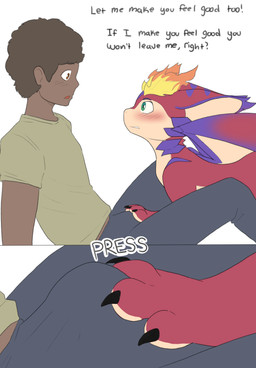 blush claws dialogue duo erection_under_pants feet feral fire fur green_eyes hair hand_on_crotch hindpaw male male/male paws red_body scales simple_background tail text white_background wings young gushoafterdark league_of_legends mythology riot_games tencent smolder_(lol) dragon human mammal mythological_creature mythological_scalie scalie absurd_res comic digital_media_(artwork) english_text hi_res