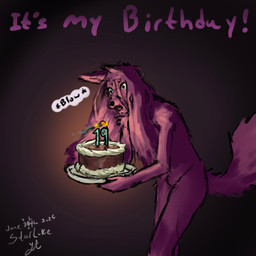 anthro birthday birthday_cake blowing_out_candles cake candlelight dessert food fur hair light male pink_body pink_fur pink_hair solo starlithe star_chrono_(starlithe) canid canine fox mammal