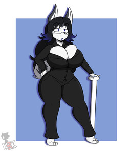 anthro barefoot big_breasts biped black_clothing black_suit bone breasts cleavage clothed clothed_anthro clothed_female clothing eyebrow_through_hair eyebrows eyewear feet female glasses hair hand_on_hip logo solo suit tail translucent translucent_hair wearing_glasses kingretrokirby brianna_(kingretrokirby) canid canine canis domestic_dog husky mammal nordic_sled_dog spitz 2018 artist_logo digital_drawing_(artwork) digital_media_(artwork) english_description full-length_portrait hi_res portrait