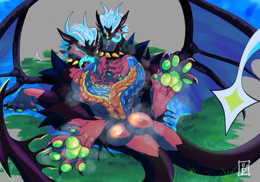 2_heads 2_penises 2_tails balls collar feral genitals grass green_pawpads horn lying male multi_genitalia multi_head multi_penis multi_tail musky_balls musky_penis on_back pawpads penis plant simple_background solo spiked_collar spikes tail tongue tongue_out unusual_anatomy unusual_genitalia wings lazaxus mythology dragon mythological_creature mythological_scalie scalie hi_res