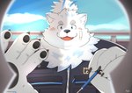 anthro bandage bandage_on_face belly blush clothing fur keyhole lockpick locksmith male overweight overweight_male solo topknot topwear vest white_body white_fur kamakitoron lifewonders live_a_hero yohack canid canine canis domestic_dog mammal nordic_sled_dog samoyed spitz hi_res